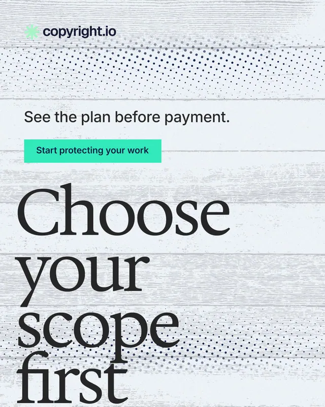 Instagram portrait post for copyright.io: "Choose your scope first." Swiss style, oversized layout, light palette in white, teal, grey.