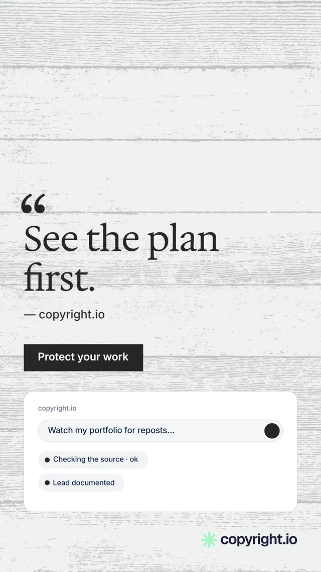 Instagram story for copyright.io: "See the plan first." Swiss style, quote layout, light palette in white, grey.