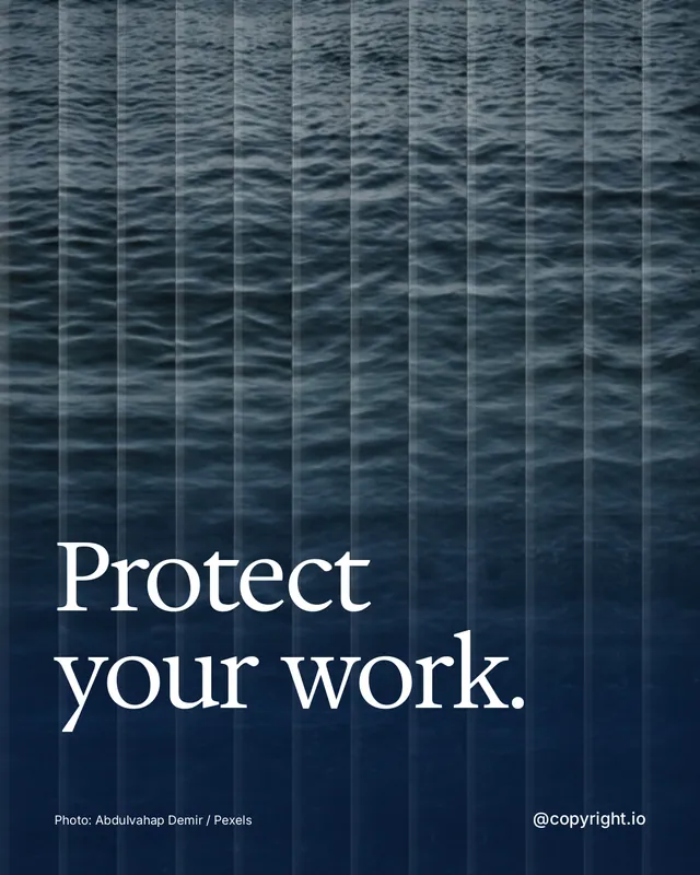 Instagram portrait post for copyright.io: "Protect your work." Photo style, technique:fluted glass layout, dark palette in blue, grey.