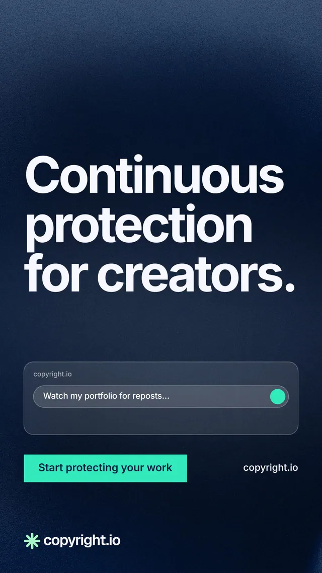 Instagram story for copyright.io: "Continuous protection for creators." Swiss style, poster layout, dark palette in black, blue, teal.