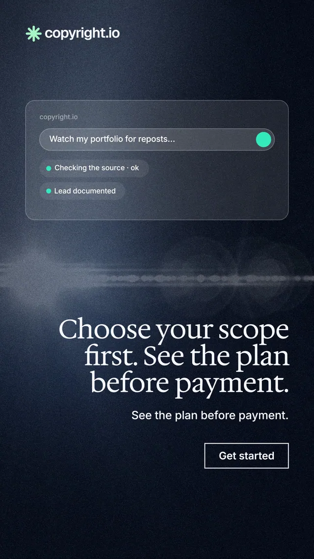 Instagram story for copyright.io: "Choose your scope first. See the plan before payment." Dark deco style, right layout, dark palette in black, blue, grey.