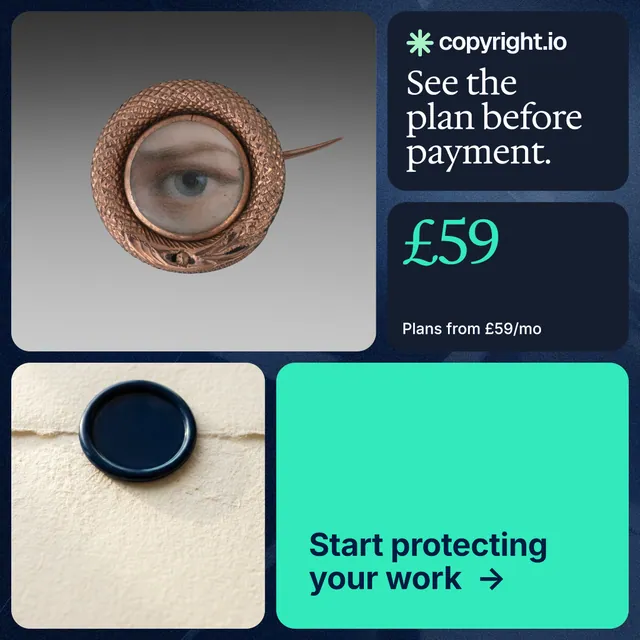 Instagram post for copyright.io: "See the plan before payment." Agentic glass style, bento layout, light palette in grey, blue, teal.