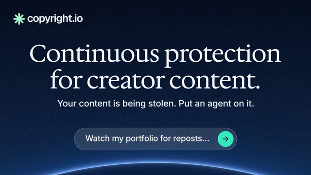 Landscape graphic for copyright.io: "Continuous protection for creator content." Agentic glass style, centred layout, dark palette in black, blue, grey.