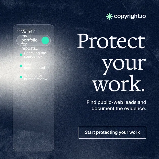Instagram post for copyright.io: "Protect your work." Cyanotype style, right layout, dark palette in blue, grey, black.