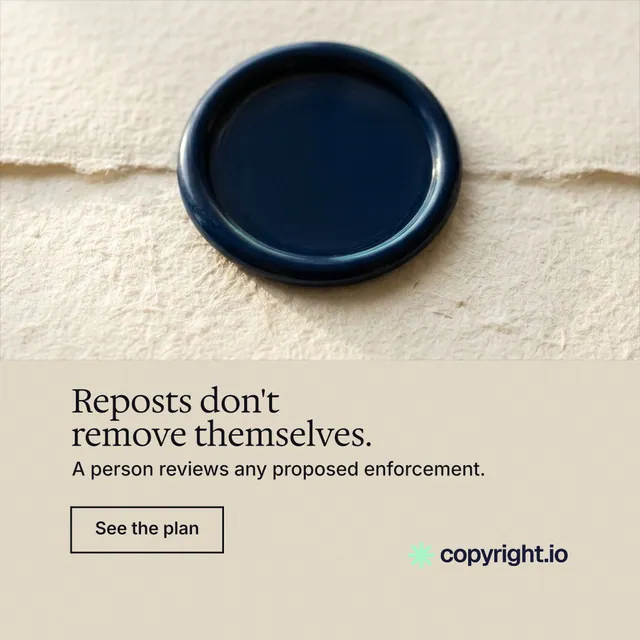 Instagram post for copyright.io: "Reposts don't remove themselves." Editorial style, bottom layout, light palette in orange, black, yellow.