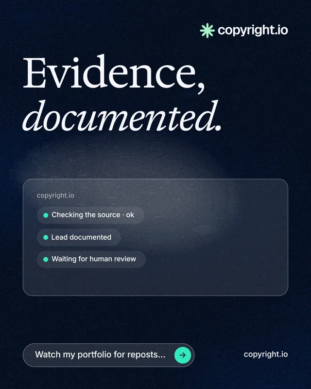 Instagram portrait post for copyright.io: "Evidence, documented." Thermal style, poster layout, dark palette in blue, black, grey.