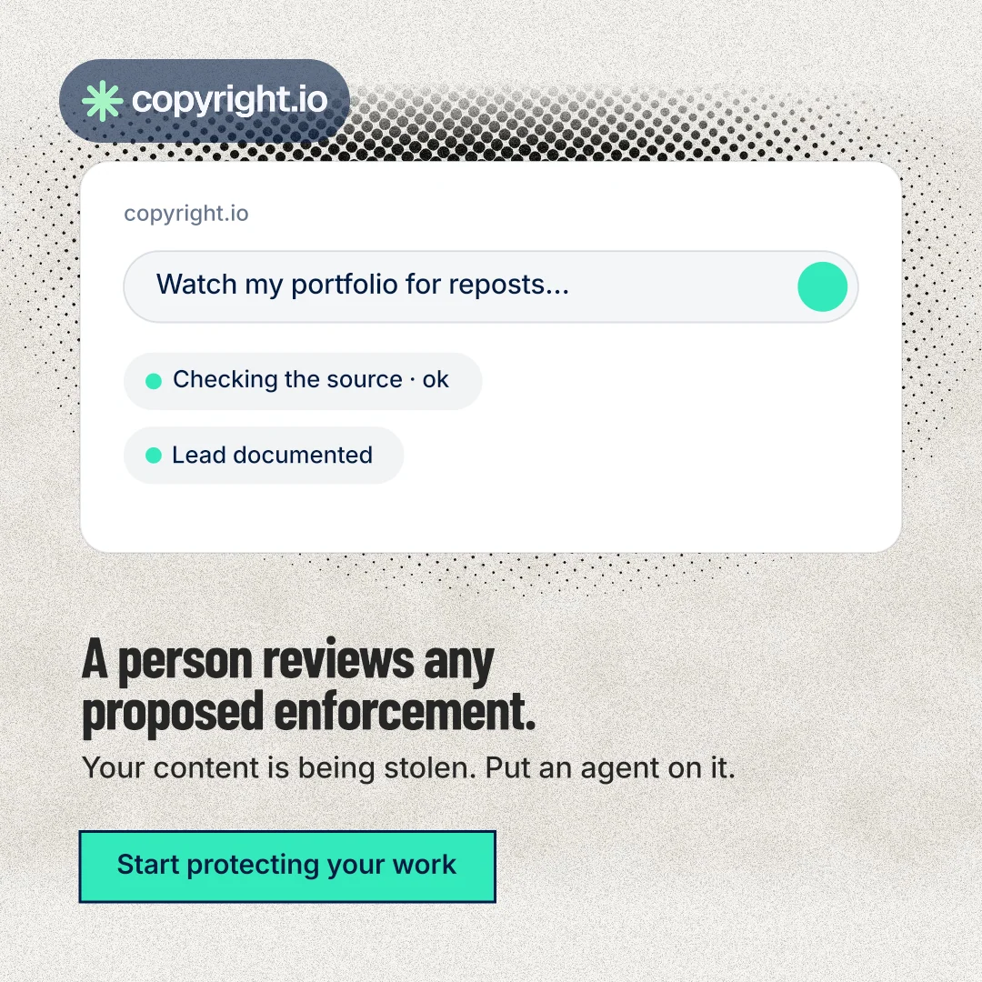 Instagram post for copyright.io: "A person reviews any proposed enforcement." Ink sticker style, bottom layout, light palette in white, grey.