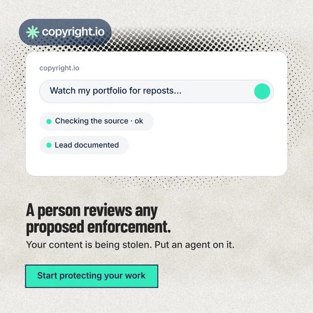 Instagram post for copyright.io: "A person reviews any proposed enforcement." Ink sticker style, bottom layout, light palette in white, grey.