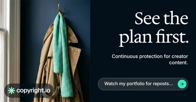 Social ad for copyright.io: "See the plan first." Agentic glass style, right layout, dark palette in black, grey.