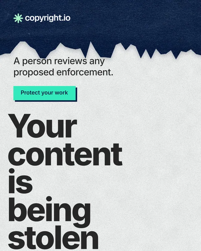 Instagram portrait post for copyright.io: "Your content is being stolen." Paper trio style, oversized layout, light palette in white, blue, grey.