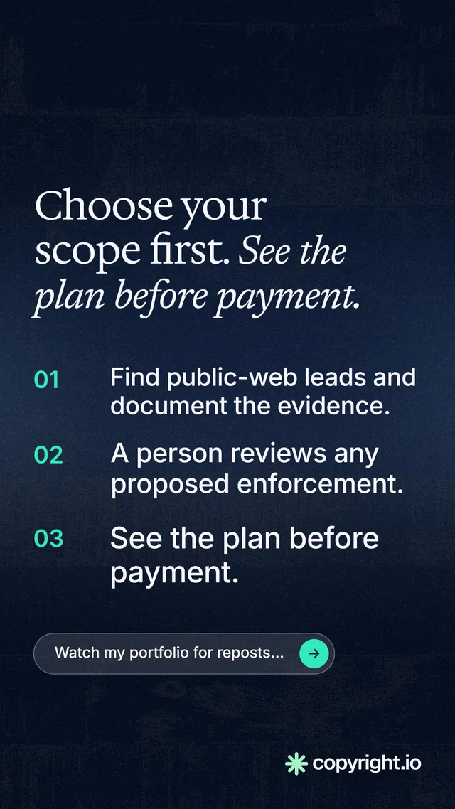 Instagram story for copyright.io: "Choose your scope first. See the plan before payment." Agentic glass style, numbered layout, dark palette in blue, black.