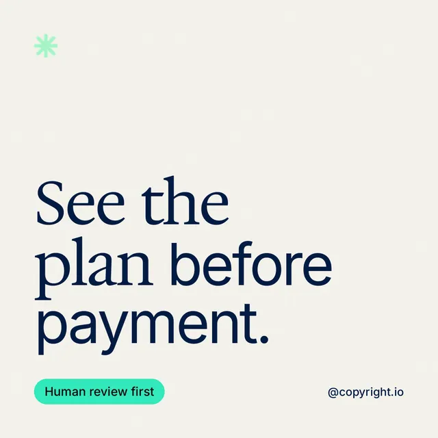 Instagram post for copyright.io: "See the plan before payment." Caption style, technique:mixed type lockup layout, light palette in white, grey.