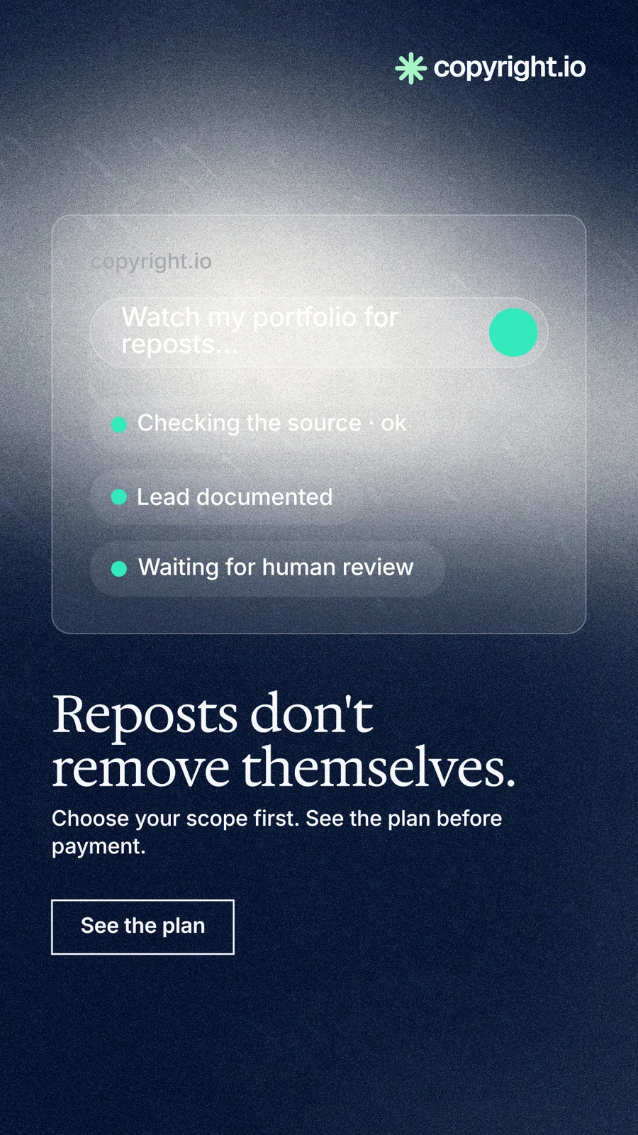 Instagram story for copyright.io: "Reposts don't remove themselves." Cyanotype style, bottom layout, dark palette in grey, blue.