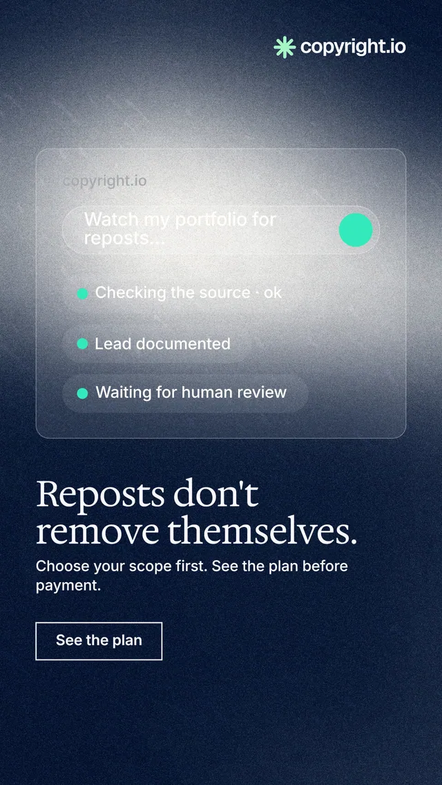 Instagram story for copyright.io: "Reposts don't remove themselves." Cyanotype style, bottom layout, dark palette in grey, blue.
