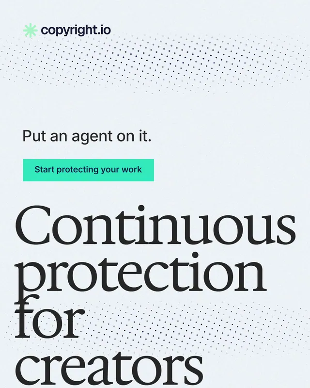 Instagram portrait post for copyright.io: "Continuous protection for creators." Swiss style, oversized layout, light palette in white, grey, teal.