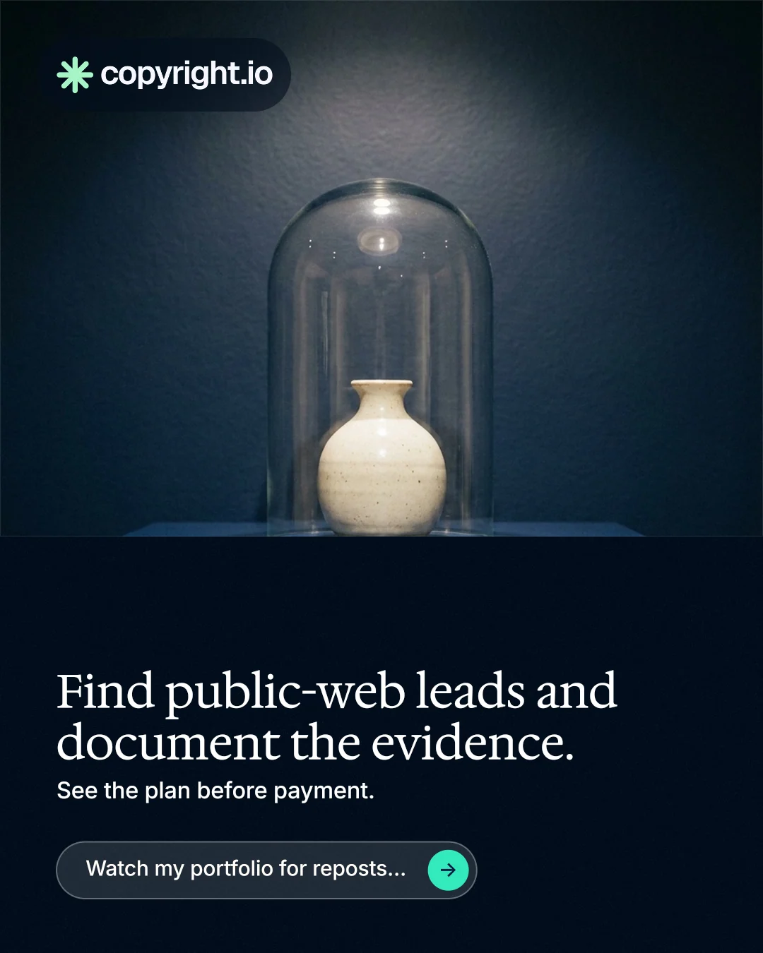 Instagram portrait post for copyright.io: "Find public-web leads and document the evidence." Agentic glass style, bottom layout, dark palette in blue, black, grey.