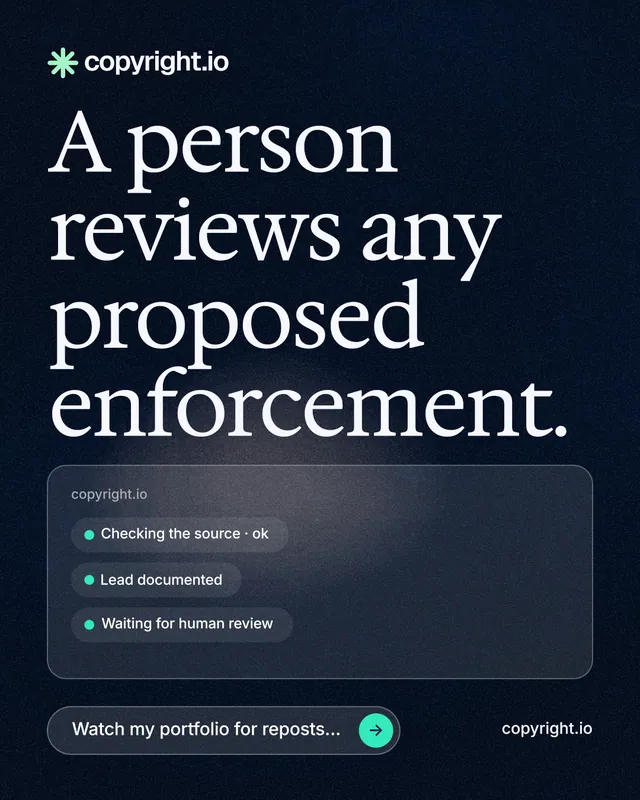 Instagram portrait post for copyright.io: "A person reviews any proposed enforcement." Thermal style, poster layout, dark palette in blue, black, grey.
