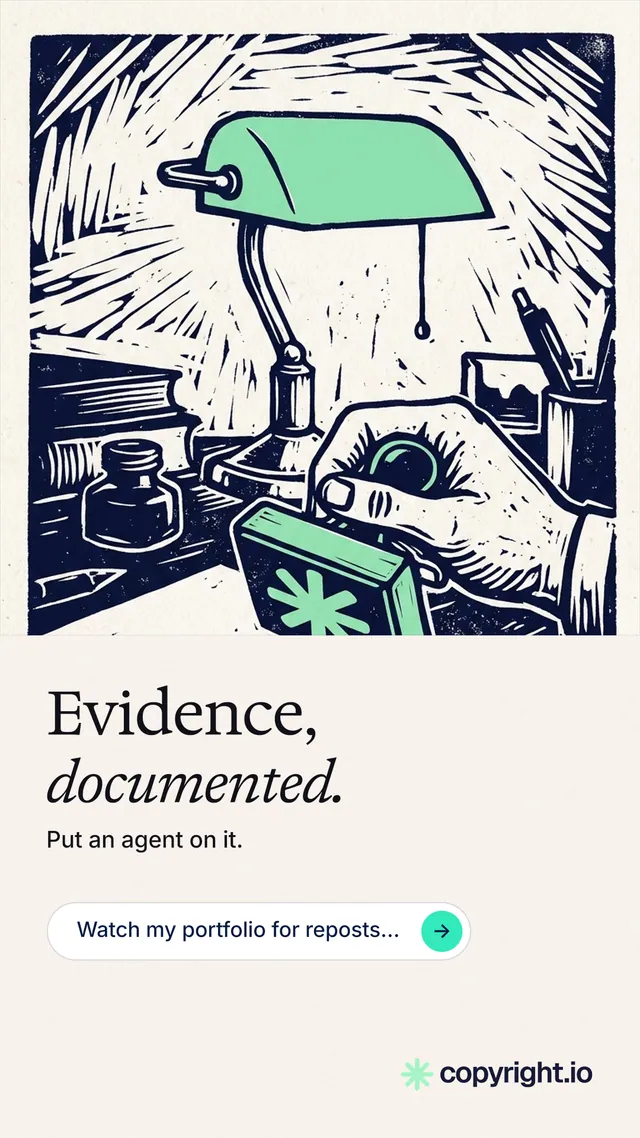 Instagram story for copyright.io: "Evidence, documented." Agentic glass style, bottom layout, light palette in white, grey.
