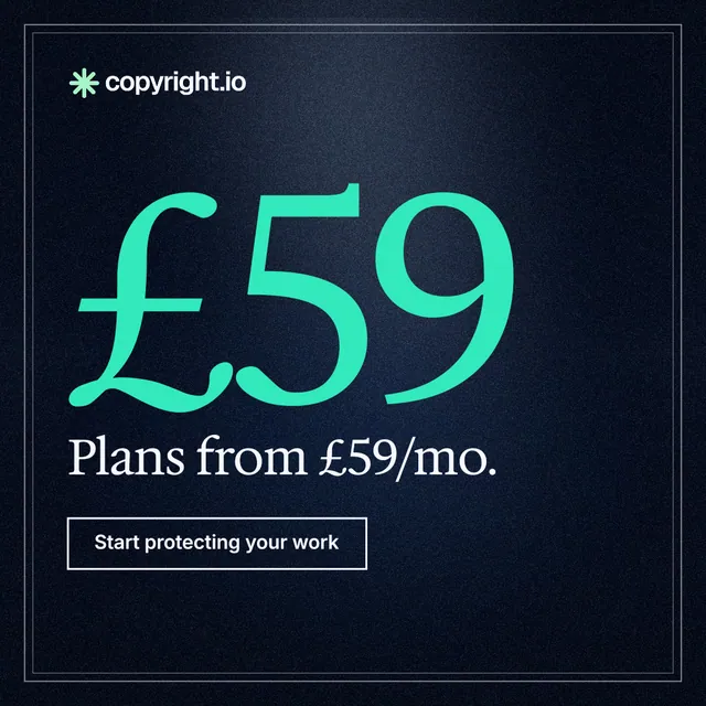 Instagram post for copyright.io: "Continuous protection for creator content." Dark deco style, stat layout, dark palette in black, blue, teal.