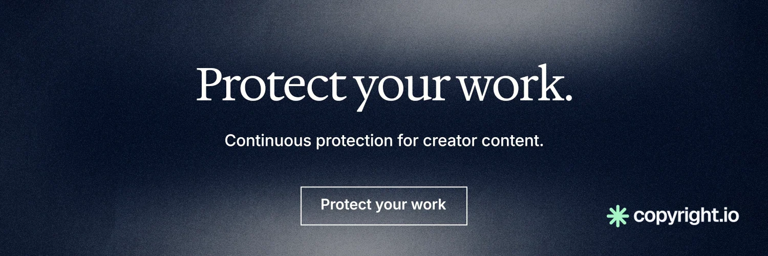 X header for copyright.io: "Protect your work." Cyanotype style, centred layout, dark palette in black, blue, grey.