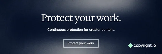 X header for copyright.io: "Protect your work." Cyanotype style, centred layout, dark palette in black, blue, grey.