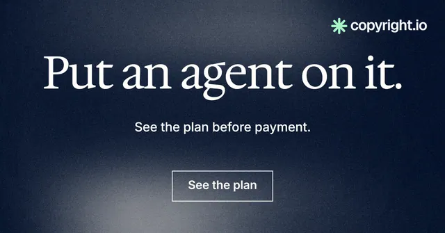 Social ad for copyright.io: "Put an agent on it." Cyanotype style, centred layout, dark palette in blue, black, grey.