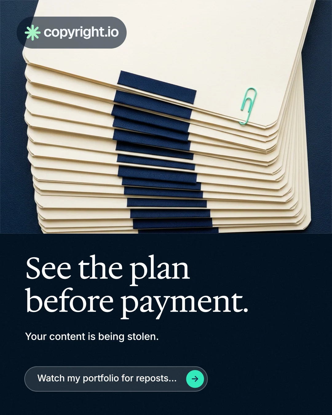 Instagram portrait post for copyright.io: "See the plan before payment." Agentic glass style, bottom layout, dark palette in yellow, black, blue.