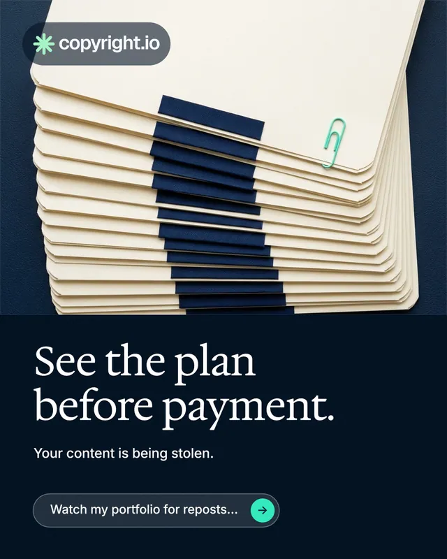 Instagram portrait post for copyright.io: "See the plan before payment." Agentic glass style, bottom layout, dark palette in yellow, black, blue.