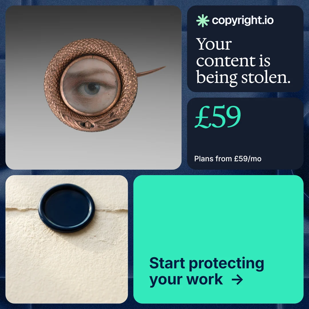 Instagram post for copyright.io: "Your content is being stolen." Agentic glass style, bento layout, light palette in grey, teal, blue.