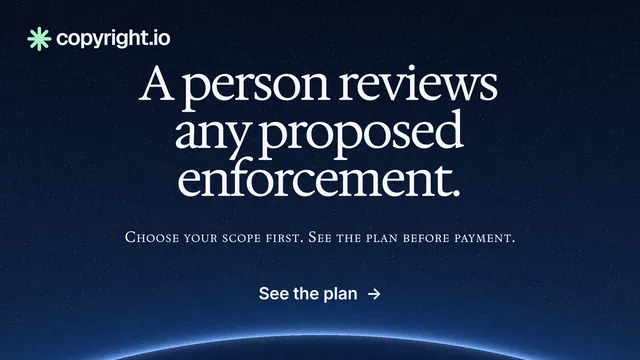 Landscape graphic for copyright.io: "A person reviews any proposed enforcement." Swiss style, smallcaps layout, dark palette in blue, black.