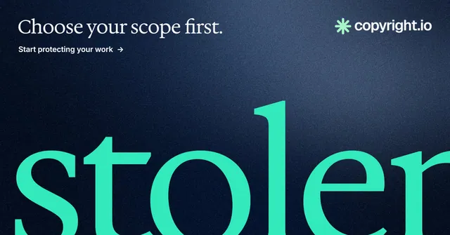 Social ad for copyright.io: "Choose your scope first." Agentic glass style, ogword layout, dark palette in black, blue, teal.