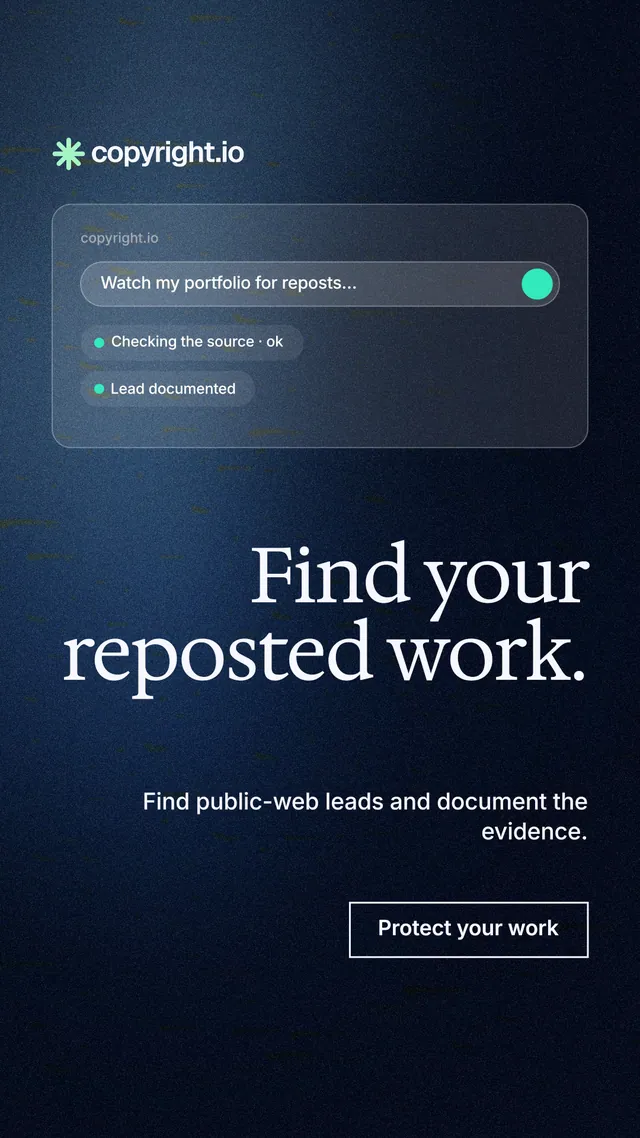 Instagram story for copyright.io: "Find your reposted work." Dark deco style, right layout, dark palette in blue, black.
