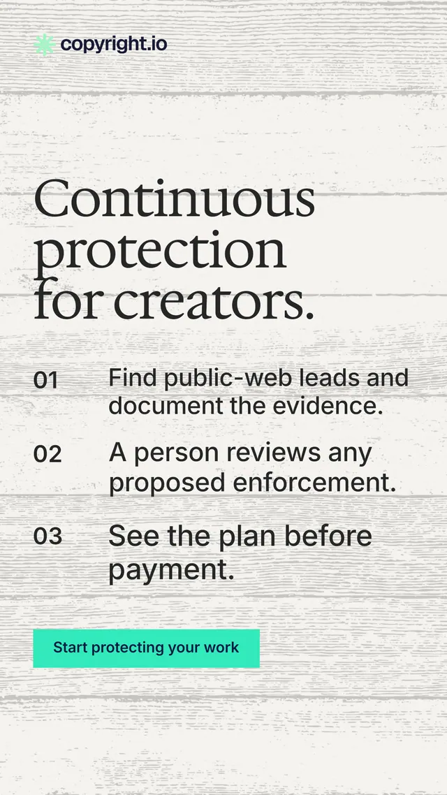 Instagram story for copyright.io: "Continuous protection for creators." Swiss style, numbered layout, light palette in white, grey.