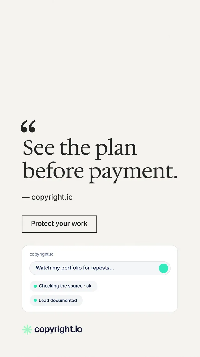 Instagram story for copyright.io: "See the plan before payment." Editorial style, quote layout, light palette in white.