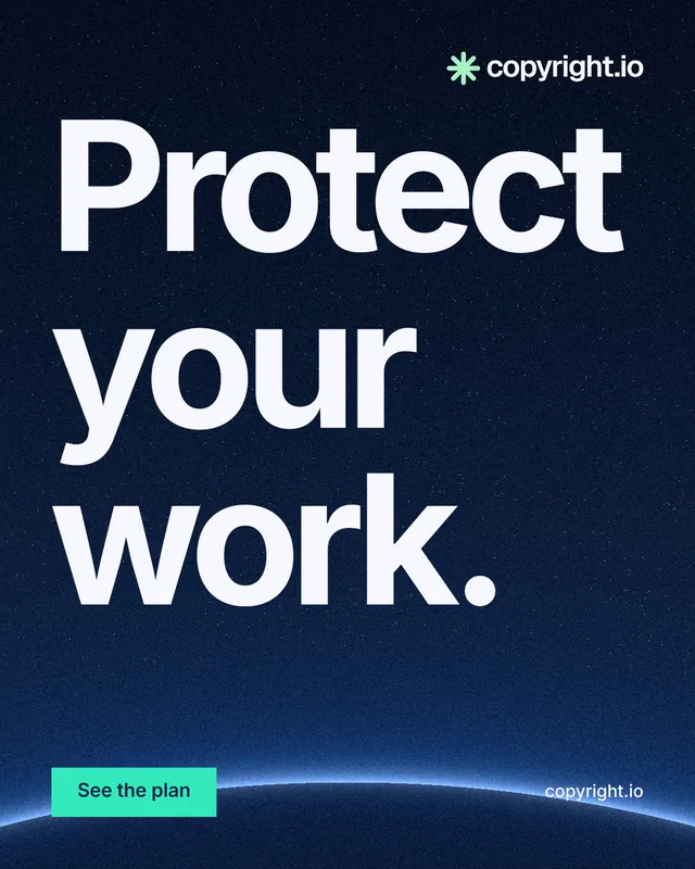 Instagram portrait post for copyright.io: "Protect your work." Swiss style, poster layout, dark palette in blue, black, teal.