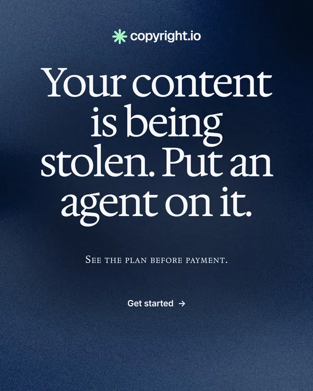 Instagram portrait post for copyright.io: "Your content is being stolen. Put an agent on it." Swiss style, smallcaps layout, dark palette in blue, grey.