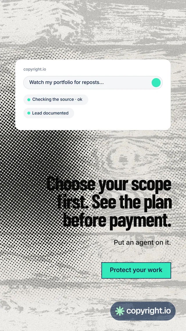 Instagram story for copyright.io: "Choose your scope first. See the plan before payment." Ink sticker style, right layout, light palette in grey, white.