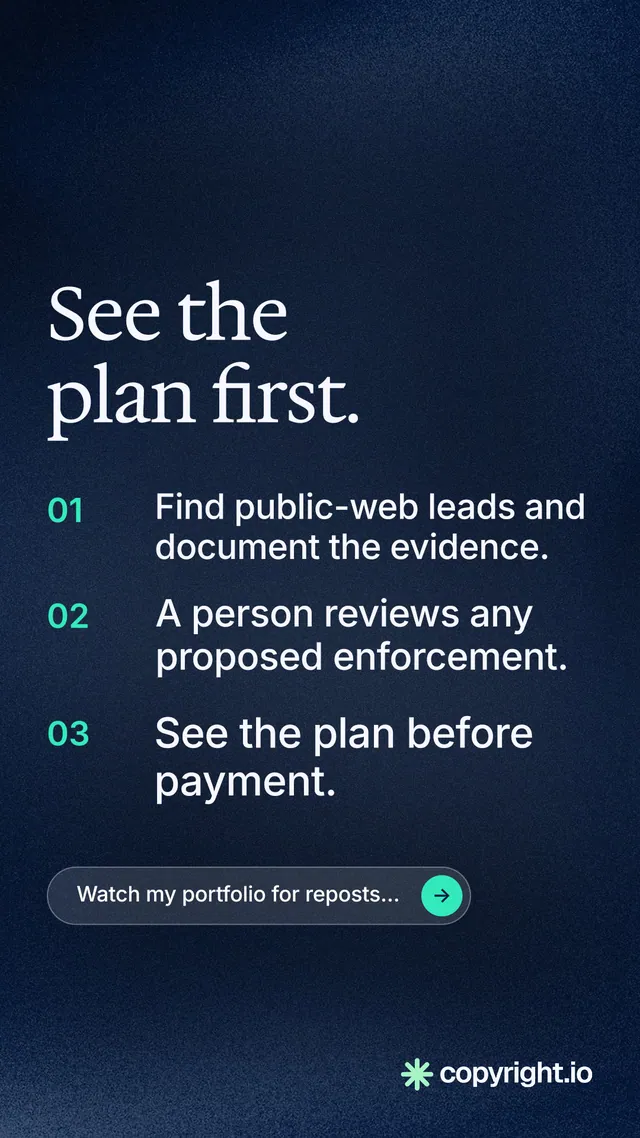 Instagram story for copyright.io: "See the plan first." Agentic glass style, numbered layout, dark palette in blue, black, grey.