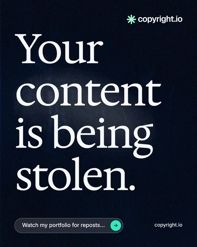 Instagram portrait post for copyright.io: "Your content is being stolen." Thermal style, poster layout, dark palette in black, grey.