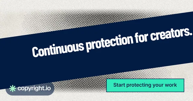 Social ad for copyright.io: "Continuous protection for creators." Ink sticker style, diagonal layout, light palette in blue, green, grey.