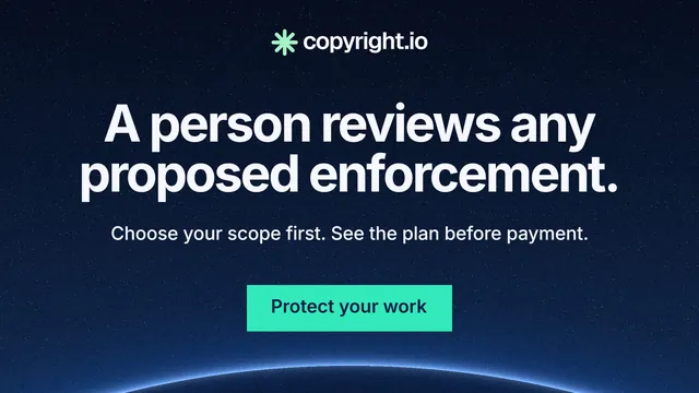 Landscape graphic for copyright.io: "A person reviews any proposed enforcement." Swiss style, centred layout, dark palette in blue, black.