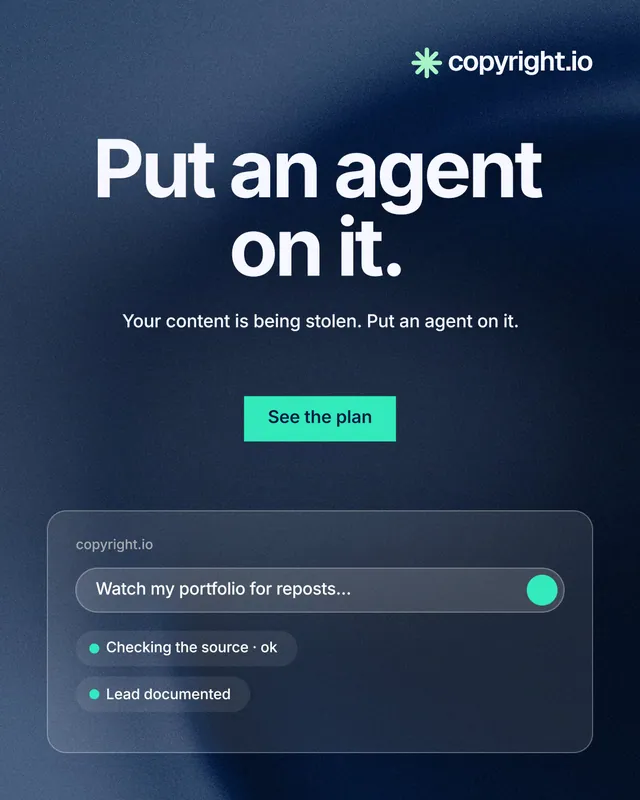 Instagram portrait post for copyright.io: "Put an agent on it." Swiss style, centred layout, dark palette in blue, black.