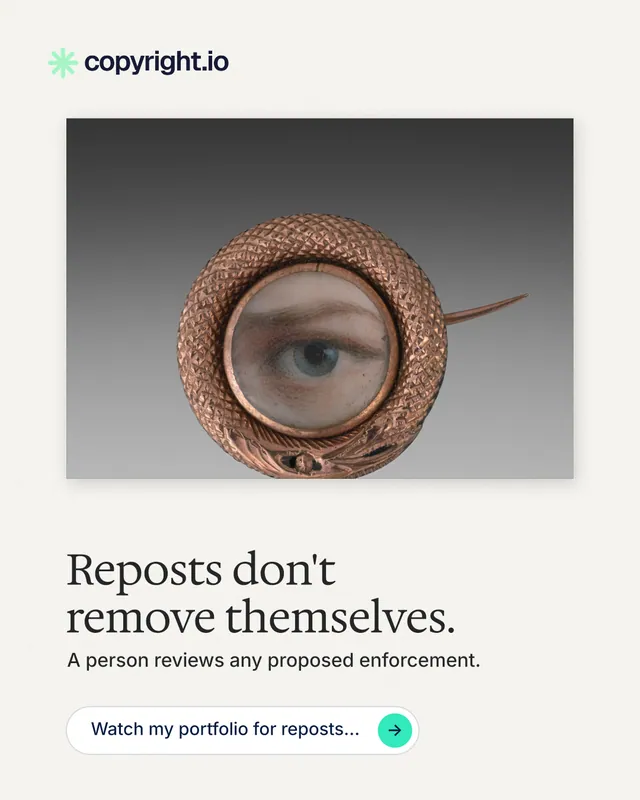 Instagram portrait post for copyright.io: "Reposts don't remove themselves." Agentic glass style, bottom layout, light palette in white, grey.