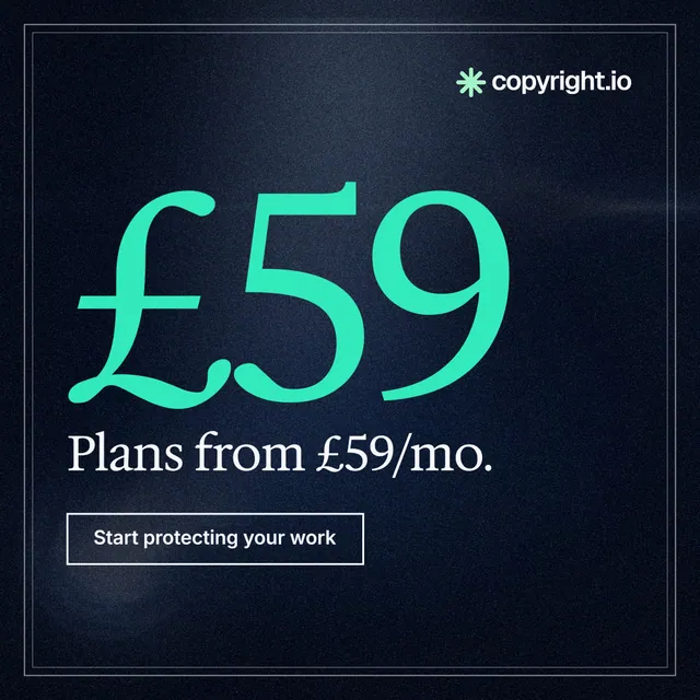 Instagram post for copyright.io: "Choose your scope first. See the plan before payment." Dark deco style, stat layout, dark palette in blue, black, teal.