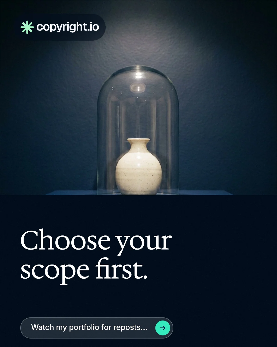 Instagram portrait post for copyright.io: "Choose your scope first." Agentic glass style, bottom layout, dark palette in black, blue, grey.