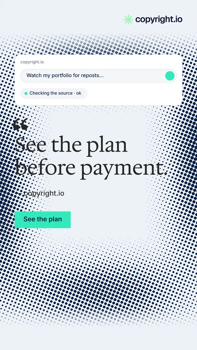 Instagram story for copyright.io: "See the plan before payment." Swiss style, quote layout, light palette in white, grey, blue.