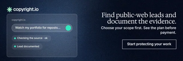 X header for copyright.io: "Find public-web leads and document the evidence." Dark deco style, right layout, dark palette in black, blue.