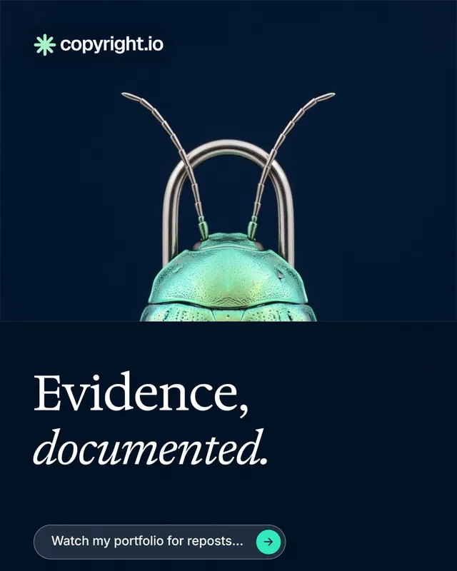Instagram portrait post for copyright.io: "Evidence, documented." Agentic glass style, bottom layout, dark palette in black, blue.
