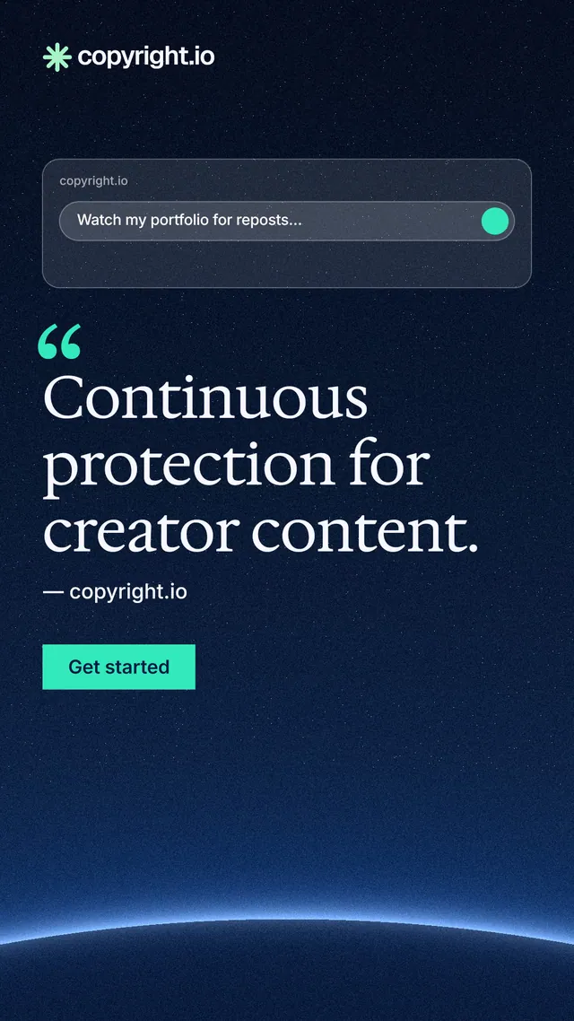Instagram story for copyright.io: "Continuous protection for creator content." Swiss style, quote layout, dark palette in blue, black.