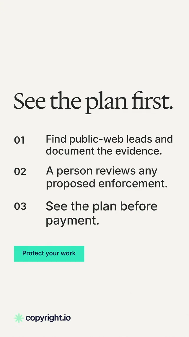 Instagram story for copyright.io: "See the plan first." Swiss style, numbered layout, light palette in white, grey.